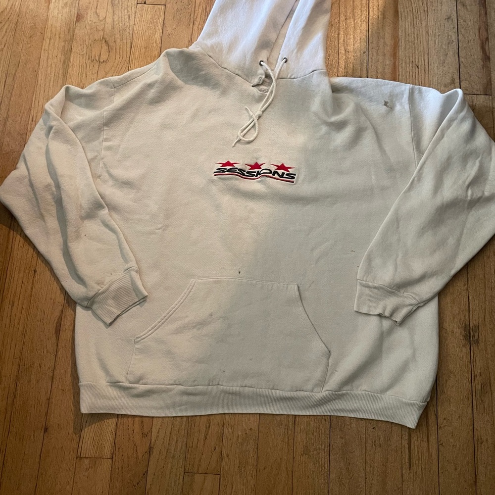 SESSIONS White Hoodie with Black and Red Tag